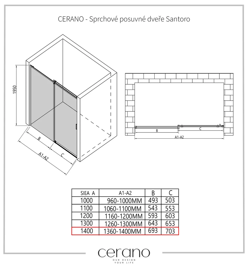 Cerano Santoro, sprchové posuvné dvere 140x195 cm, 6mm šedé sklo, čierny profil, CER-CER-424960