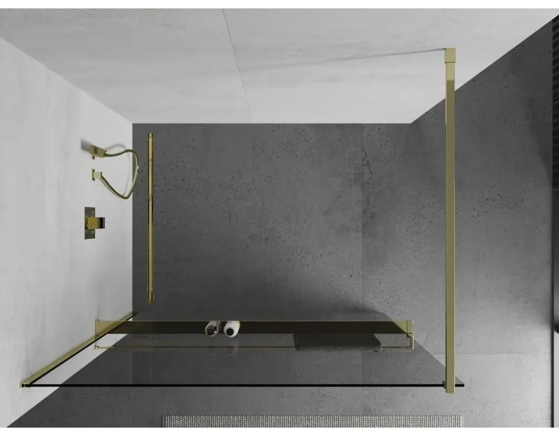 Mexen Kioto, sprchová zástena Walk-In Walk-in 125 x 200 cm, 8mm číre sklo, zlatý lesklý profil + vešiak na uteráky s poličkou, 800-125-121-50-00
