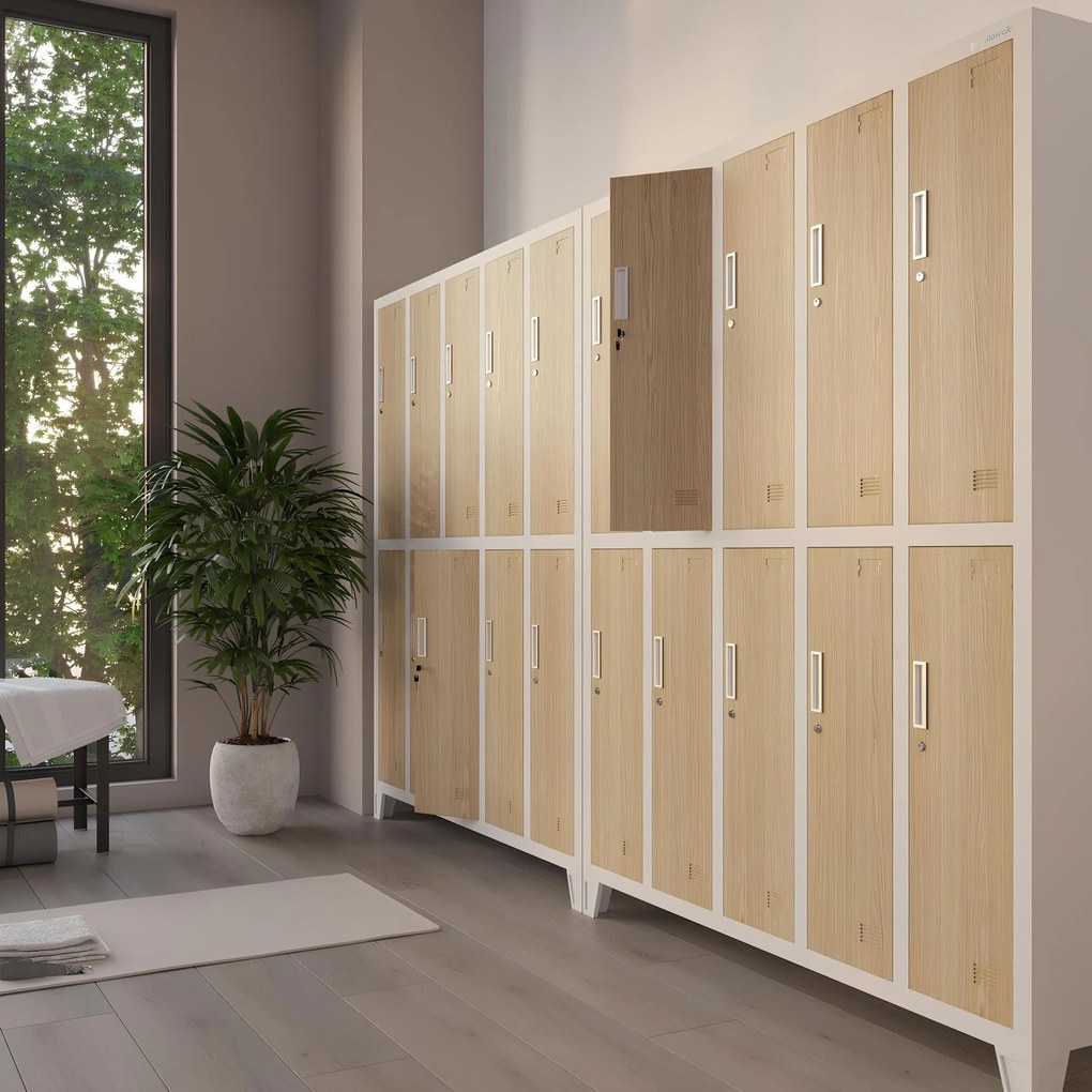 Kovová šatňová boxová skriňa na nôžkach s 10 boxami BARTEK, 1360 x 1720 x 450 mm, Eco Design: biela/ dub sonoma
