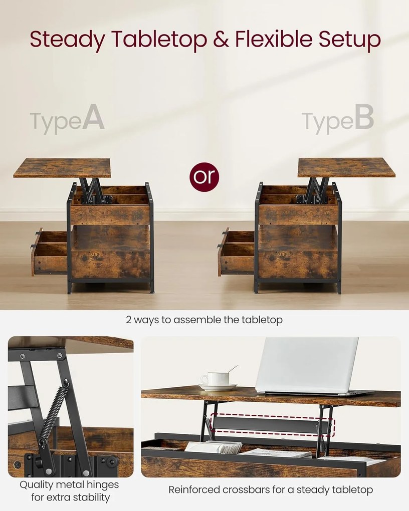 VASAGLE konferenčný stolík s otváracou doskou, v rustikálnej hnedej a atramentovo čiernej farbe