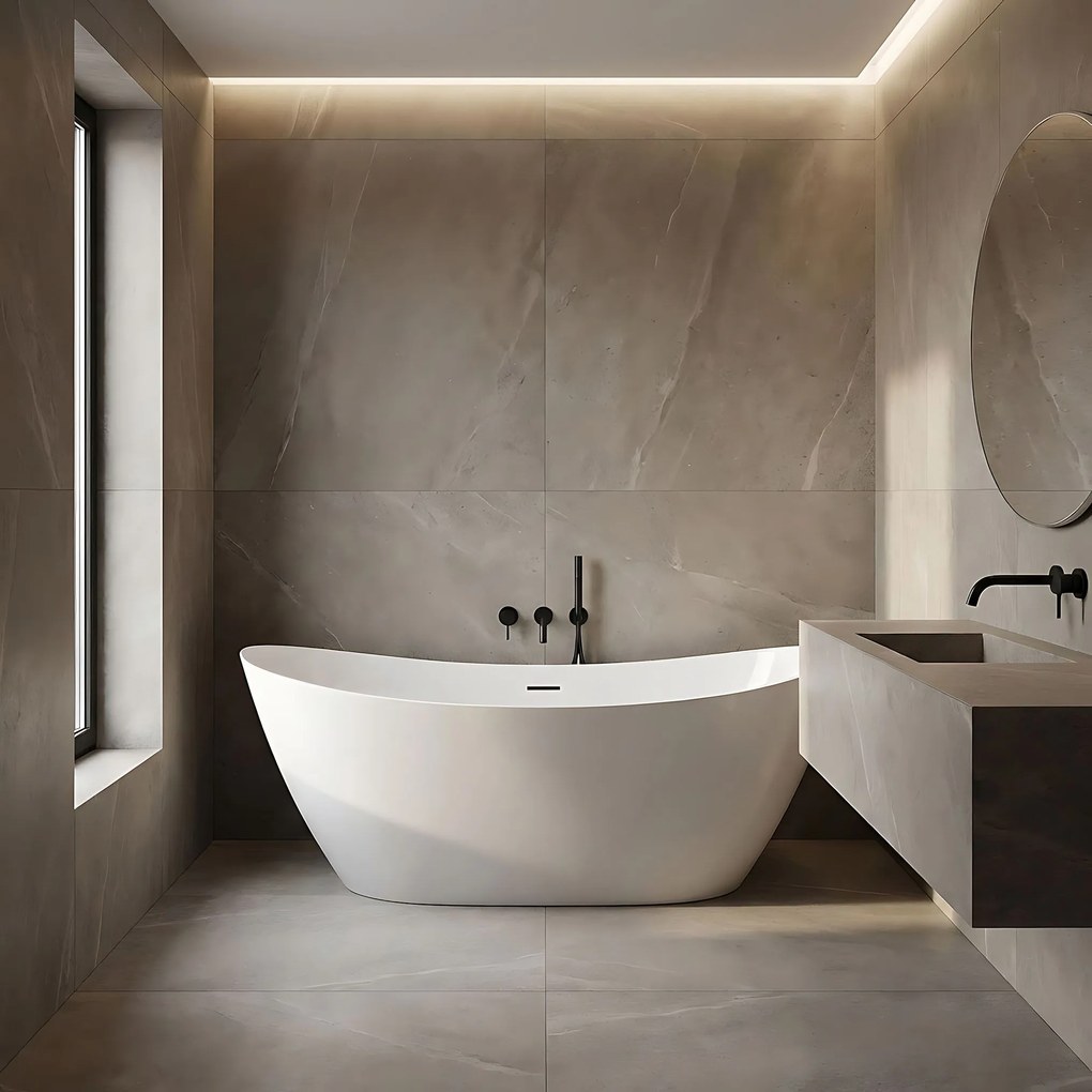 Rea FERRANO Slim, voľne stojaca vaňa 1600×800×720 mm, biela, čierna krytka odtoku, KPL-W6081
