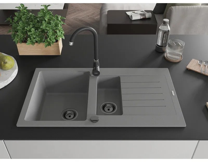 Mexen Matias, granitový drez 900x505x200 mm, 1,5-komorový a čierna batéria Telma, šedá, 6502-71-670200-70-B