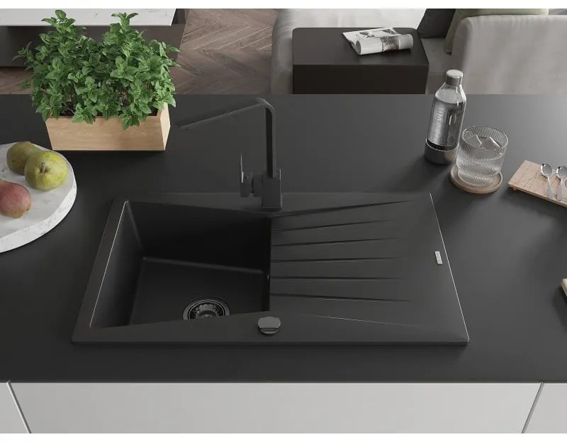 Mexen Cesar, granitový drez 775x470x190 mm, 1-komorový, čierna s čiernym sifónom a čierna drezová batéria Rita, 6514-77-670300-70-B