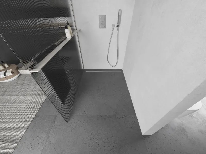 Mexen Kioto+ L, sprchová zástena Walk-In s poličkou a vešiakom 110 x 200 cm, 8mm sklo s rebrovým vzorom, brúsená oceľ profil, 800-110-123-97-09