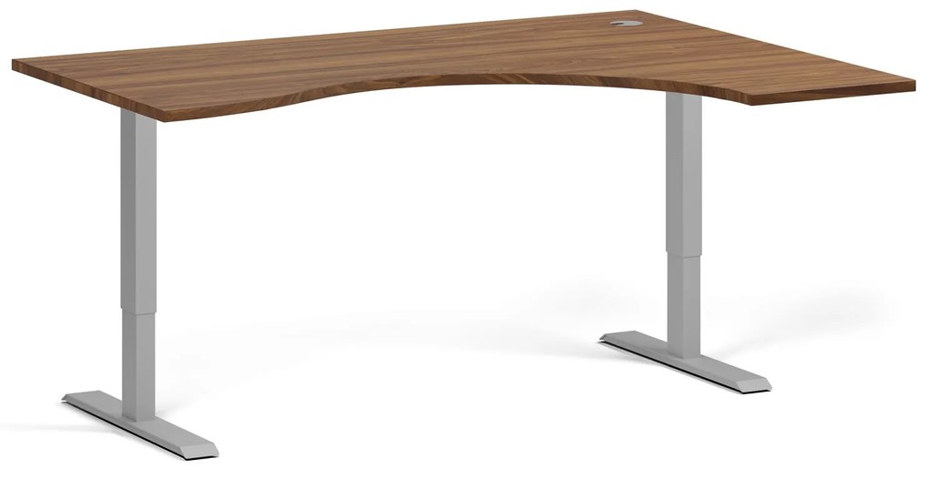 Ergonomický výškovo nastaviteľný stôl, 160x120 cm, 2 motory, L/P, sivá podnož, orech