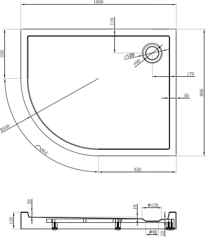 Mexen Flow+ asymetrická štvrťkruhová sprchová vanička, pravá, 100 x 80 cm, čierna matná, 46Q708010RH