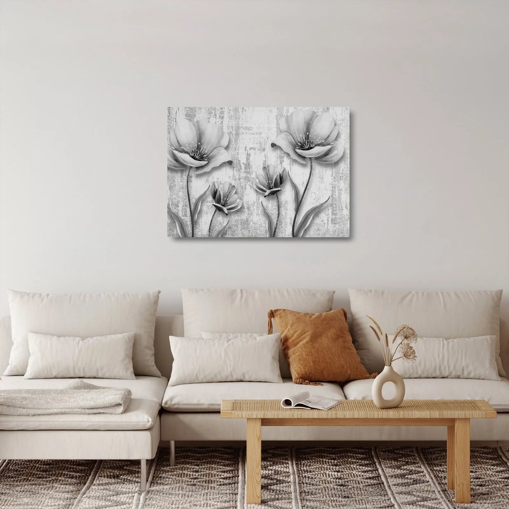Sklenený obraz - Čiernobiele kvety na pozadí (70x50 cm)