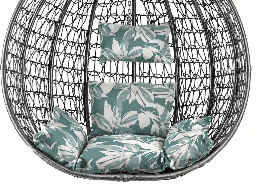 Sivé závesné kreslo KOKON bez stojana, zeleno-biely vankúš