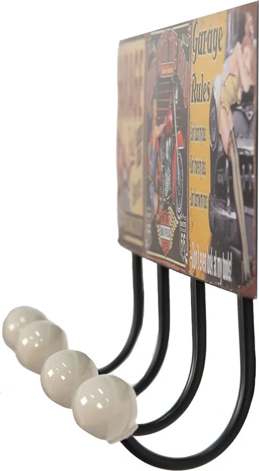 Nástenný kovový vešiak so 4-mi háčikmi Garage - 40*7*18 cm