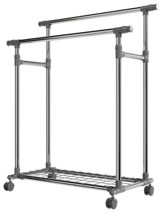 Kovový stojan na oblečenie na kolieskach, 2 tyče + police