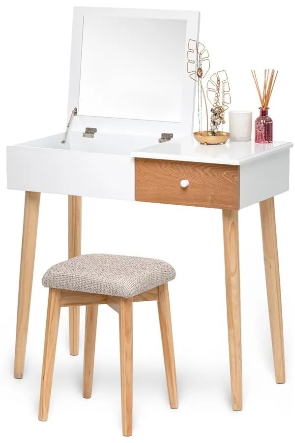 Biely toaletný stolík so zrkadlom, šperkovnicou a stoličkou Bonami Essentials Beauty