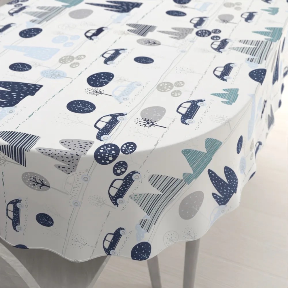 Biante Detský bavlnený oválny obrus Sandra SA-685 Modré autá medzi stromami na bielom 100x140 cm