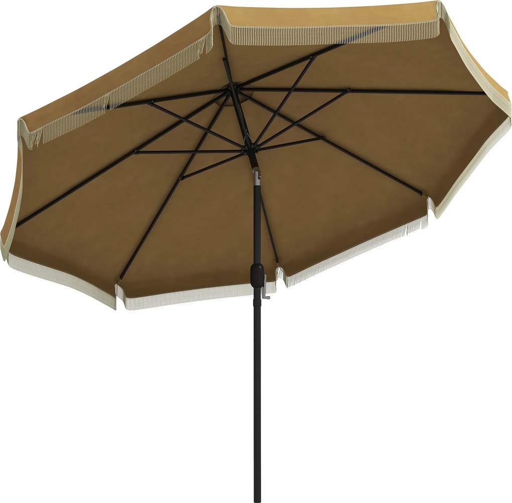 Slnečník Outsunny, Ø265 cm, s franjou, naklápací plážový slnečník so 8 rebrami, pre záhradu a balkón, khaki | Aosom