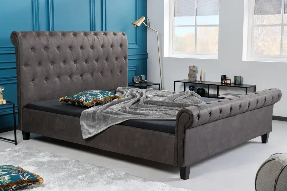 Manželská posteľ chesterfield KENSINGTON 160x200 cm, mikrovlákno, tmavošedá