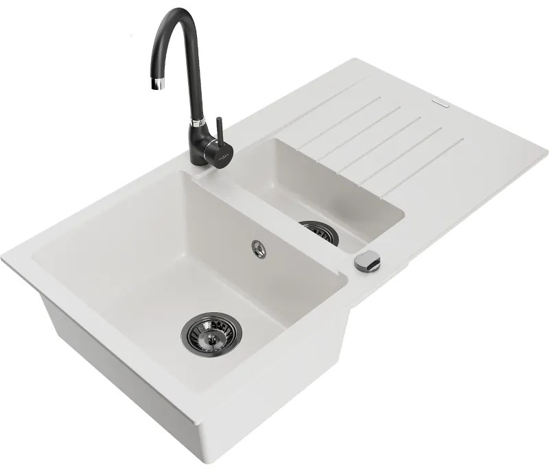 Mexen Matias, granitový drez 900x505x200 mm, 1,5-komorový a čierna batéria Telma, biela, 6502-20-670200-70