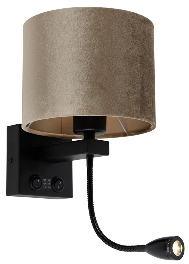 Nástenná lampa čierna s hnedým zamatovým tienidlom 18 cm - Brescia Combi