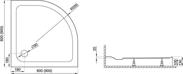 Polimat Štvrťkruhová akrylátová sprchová vanička Standard 2 80x80 (90x90) POLIMAT-Farba: Biela, POLIMAT-Rozmery: 90x90