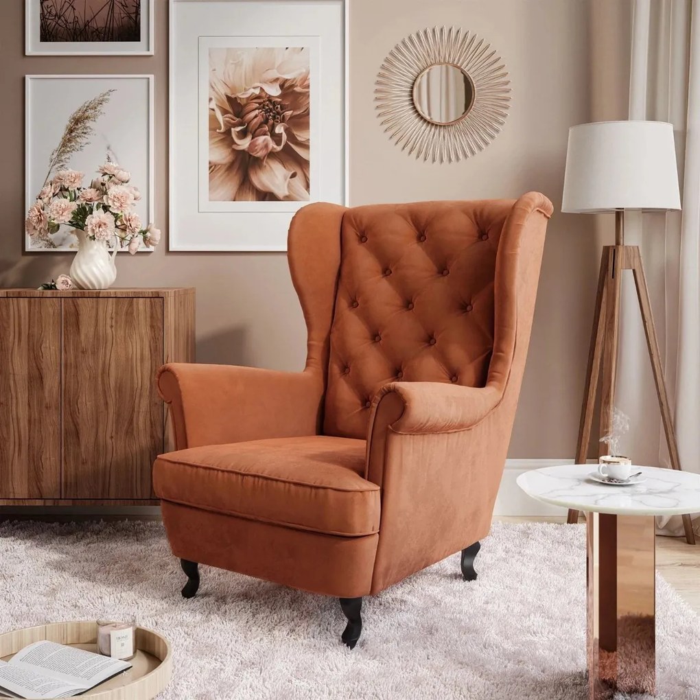 KRESLO UŠIAK BRUNO CHESTERFIELD ČIERNE BAROKOVÉ NOHY