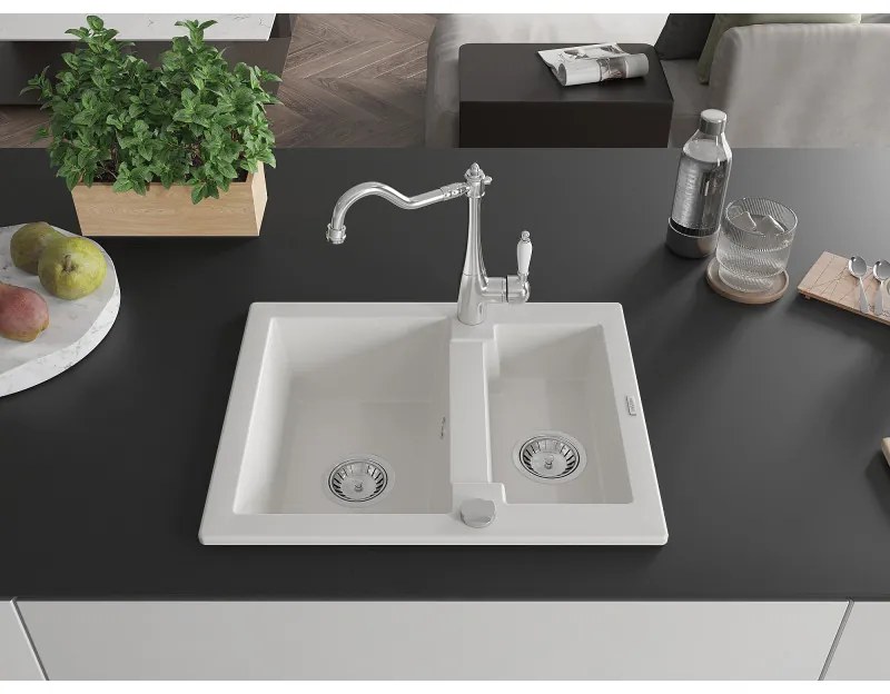 Mexen Carlos, granitový drez 582x475x177 mm, 1,5-komorový a drezová batéria Carla, biela, 6518-20-670700-00