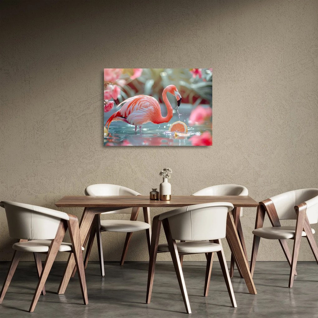 Sklenený obraz - Plameniak v jazierku (70x50 cm)