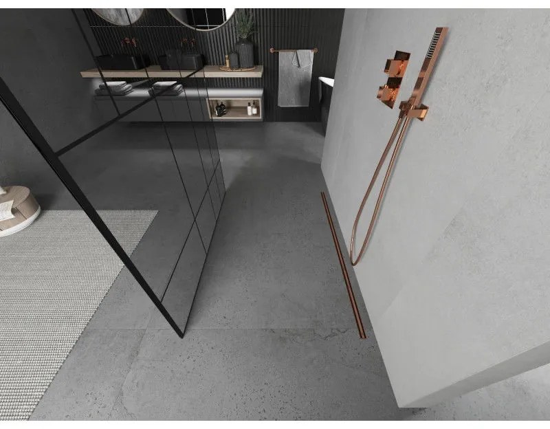 Mexen Kioto, priechodná sprchová zástena 140 x 200 cm, 8mm sklo číre s čiernym vzorom, 2x zlatá stabilizačná rozpera, profil ružové zlato, 800-140-002-60-78