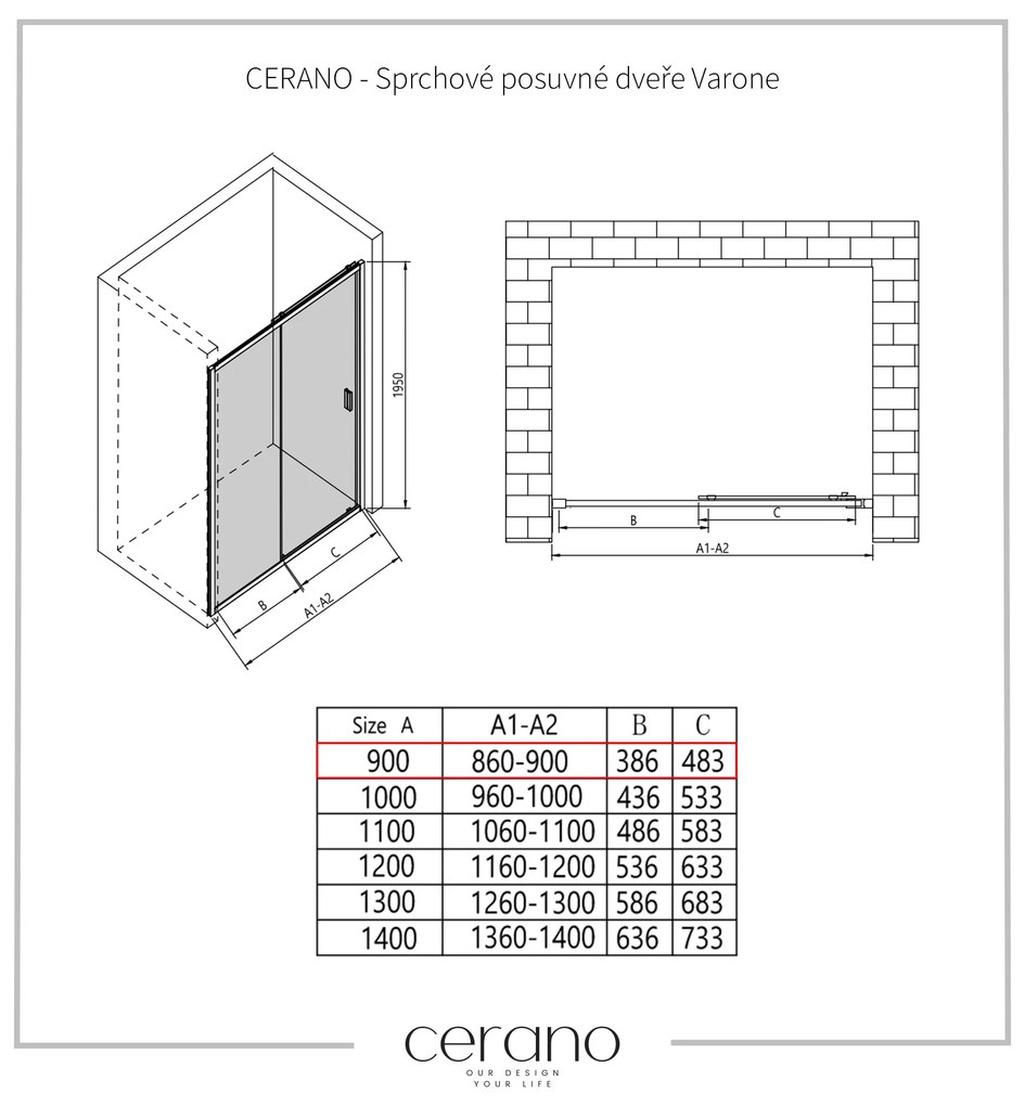 CERANO - Sprchové posuvné dvere Varone LINE Ľ/P - čierna matná, transparentné sklo - 90x195 cm, CER-CER-478081