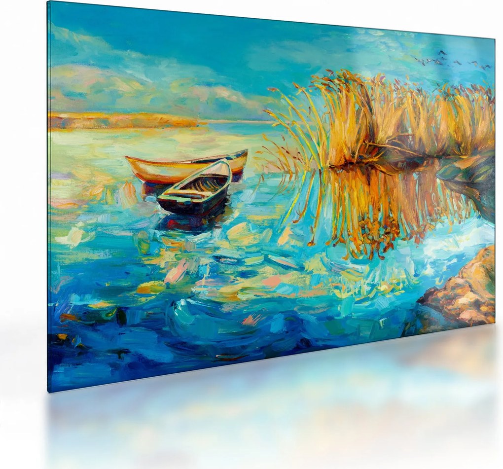 Sklenený obraz - Jazero s loďkami (70x50 cm)