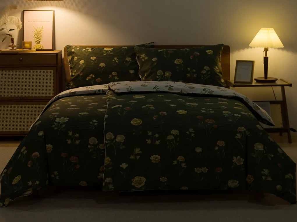 XPOSE® Bavlnené Renforcé obliečky LESNÁ BOTANIKA DUO - biele/tmavo zelené