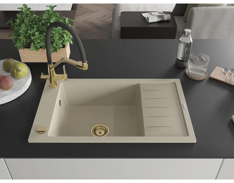 Mexen Elias, 1-komorový granitový drez 795x480x200 mm a drezová batéria Duo, béžová, 6511-69-671701-57-G