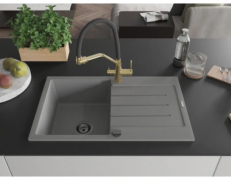 Mexen Bruno, 1-komorový granitový drez 795x495x200 mm a drezová batéria Duo, šedá, 6513-71-671701-57-B