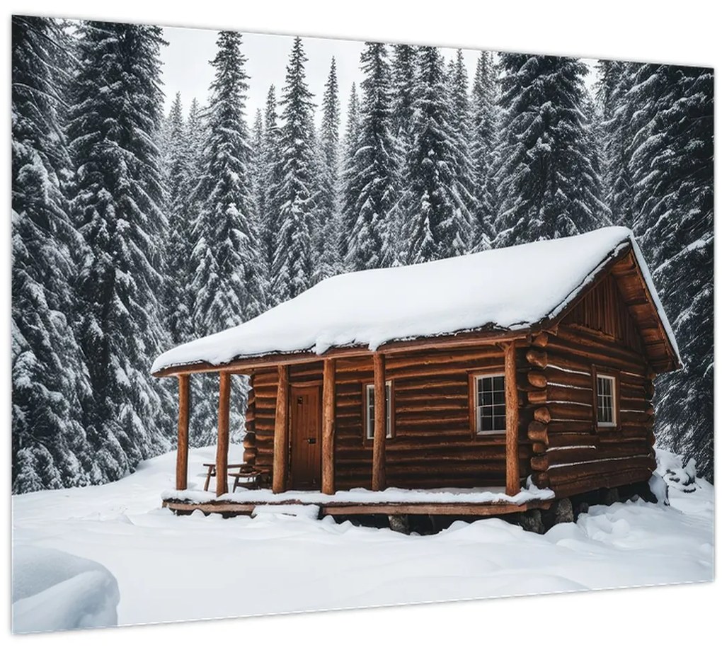 Sklenený obraz - Zasnežená chata (70x50 cm)
