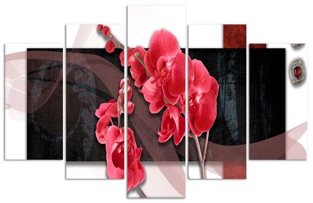 Obraz na plátně pětidílný Abstrakce červené orchideje - 100x70 cm