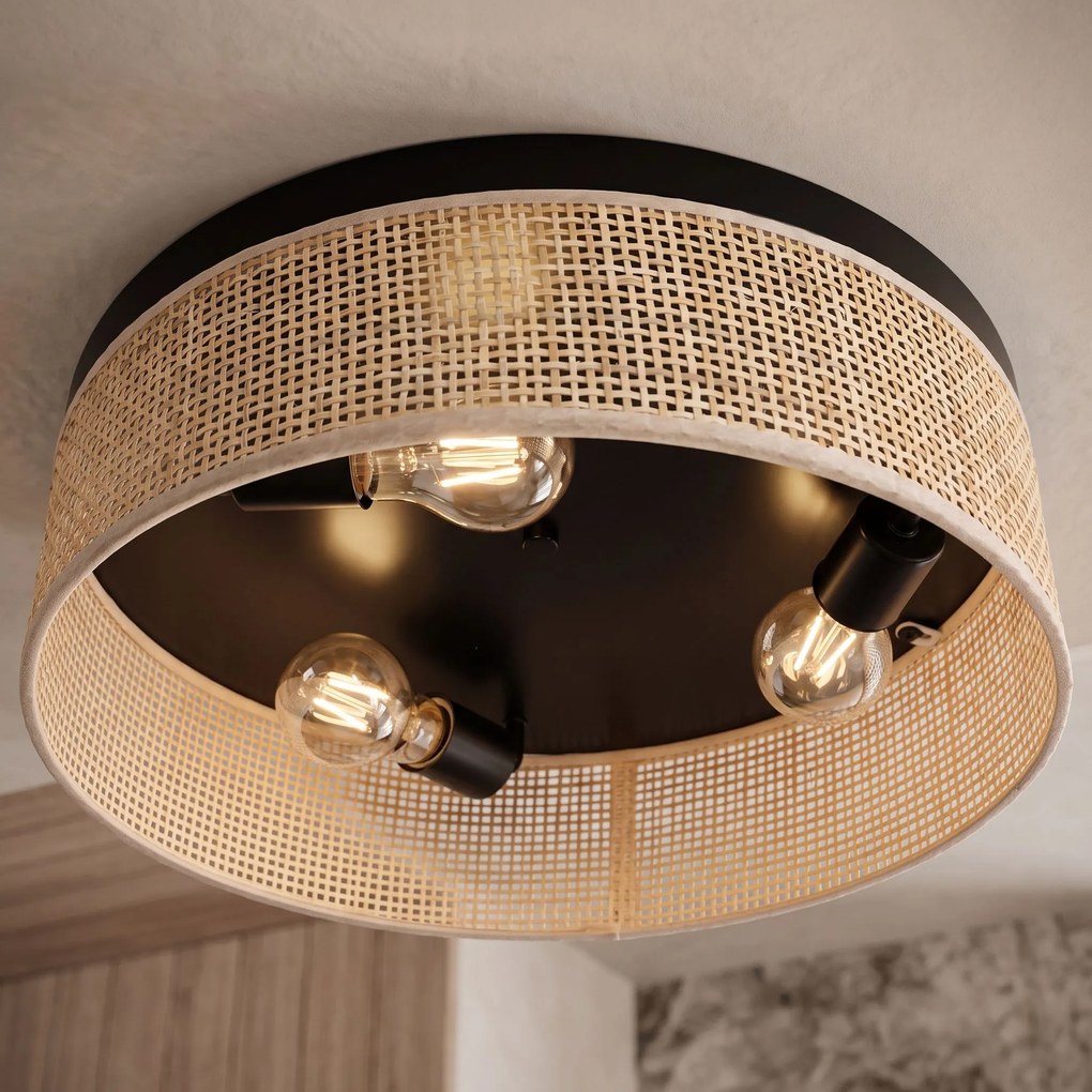 Toolight Toolight, APP1902-3C, stropné svietidlo plafón s ratanovým tienidlom, Ø 40 cm, 3×E27, čierna-hnedá, OSW-63001