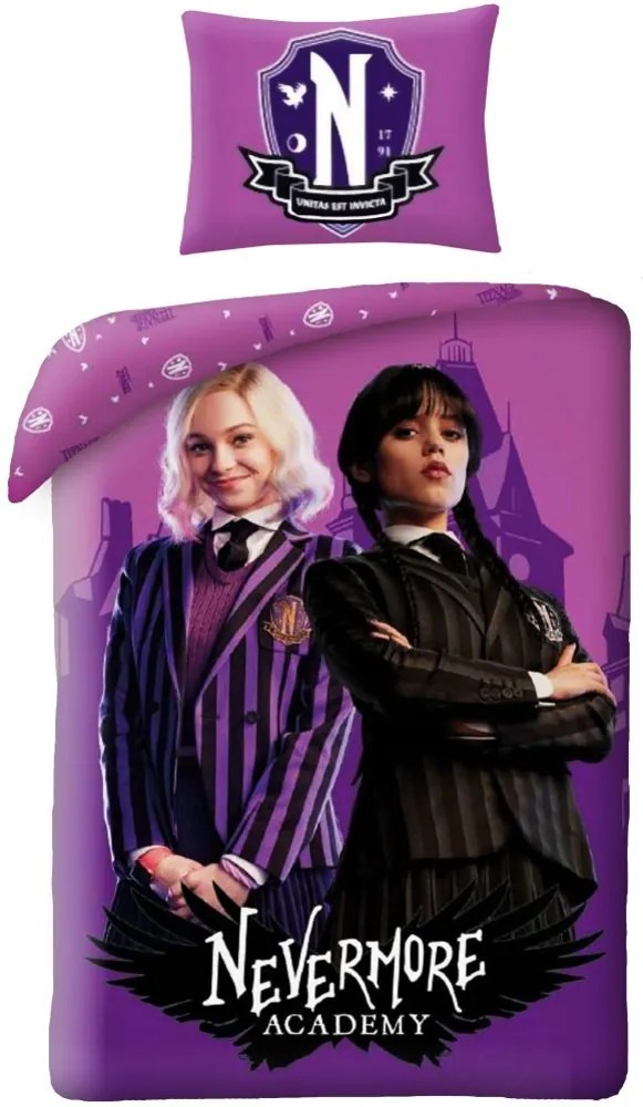 Posteľné obliečky z mikrovlákna Wednesday – motív Nevermore Academy - 140 × 200 cm + 70 × 90 cm - zip
