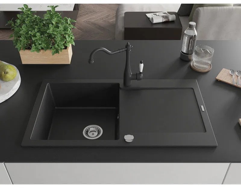 Mexen Leo, granitový drez 900x500x190 mm, 1-komorový a drezová batéria Carla, čierna, 6501-77-670700-70