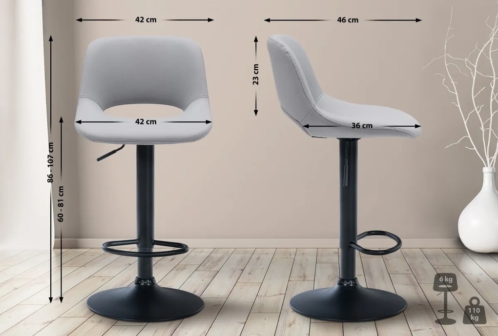 2x Barová stolička Camden - koženka, čierny rám - Sivá
