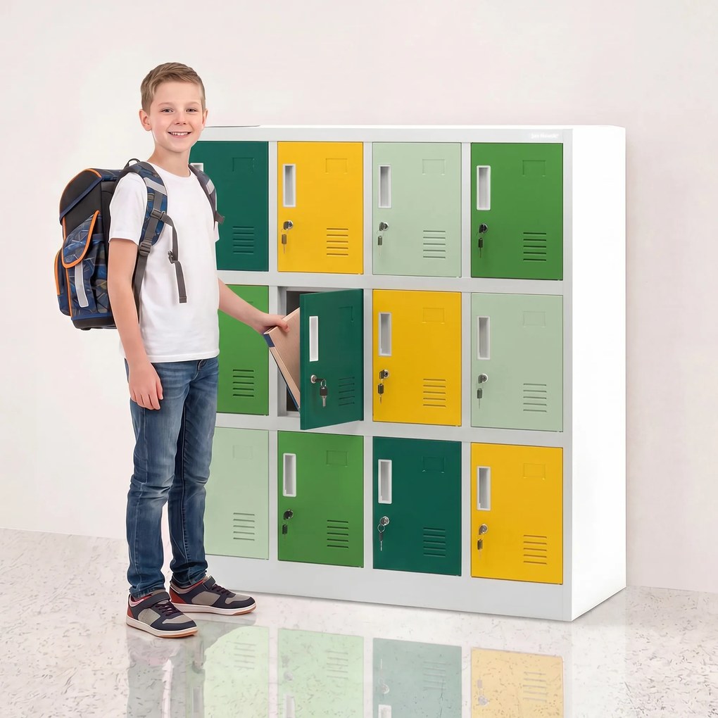 Kovová skrinka do školy a škôlky sivo-zeleno-žltá, 1090x1200x450 mm: OLA