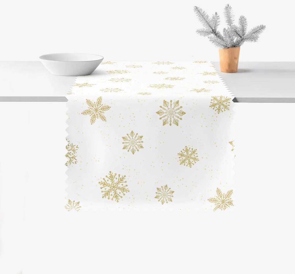 Goldea vianočný behúň na stôl teflónový - zlaté snehové vločky 50x140 cm