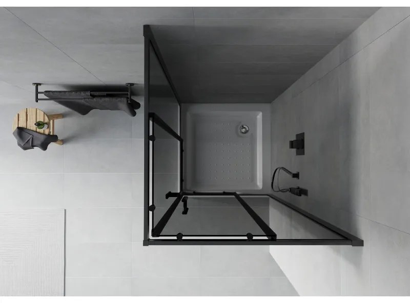 Mexen Rio, štvorcový sprchovací kút s posuvnými dverami 70(dvere) x 70(dvere) x 190 cm, 6mm šedé sklo, čierny profil + biela sprchová vanička RIO, 860-070-070-70-40-4510