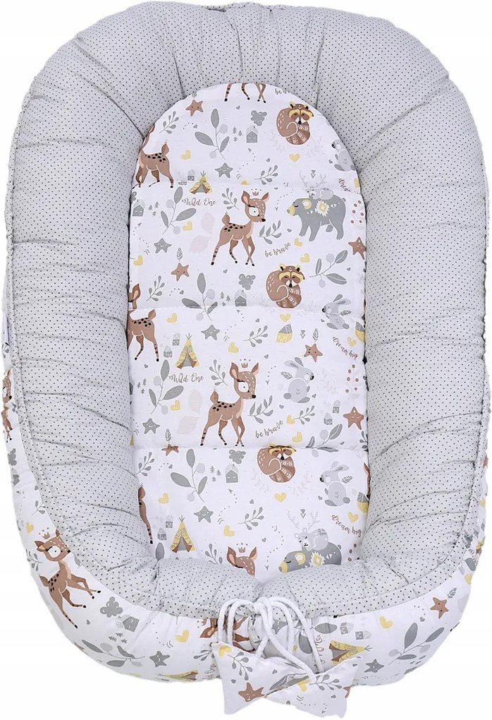 Obojstranné hniezdočko (kokon) pre bábätko - BABYMAM PREMIUM set 7v1 - Srnček a priatelia so šedou minky