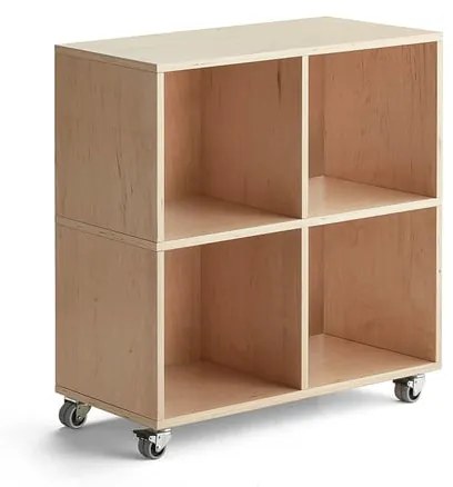 Drevená úložná skriňa RICO, s kolieskami, 4 priehradky, Š 800 mm, breza