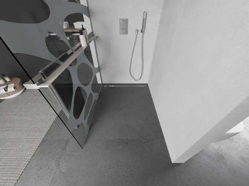 Mexen Kioto+, sprchová zástena Walk-In s poličkou a vešiakom 140 x 200 cm, 8mm číre sklo biely vzor, brúsená oceľ profil, 800-140-121-97-97