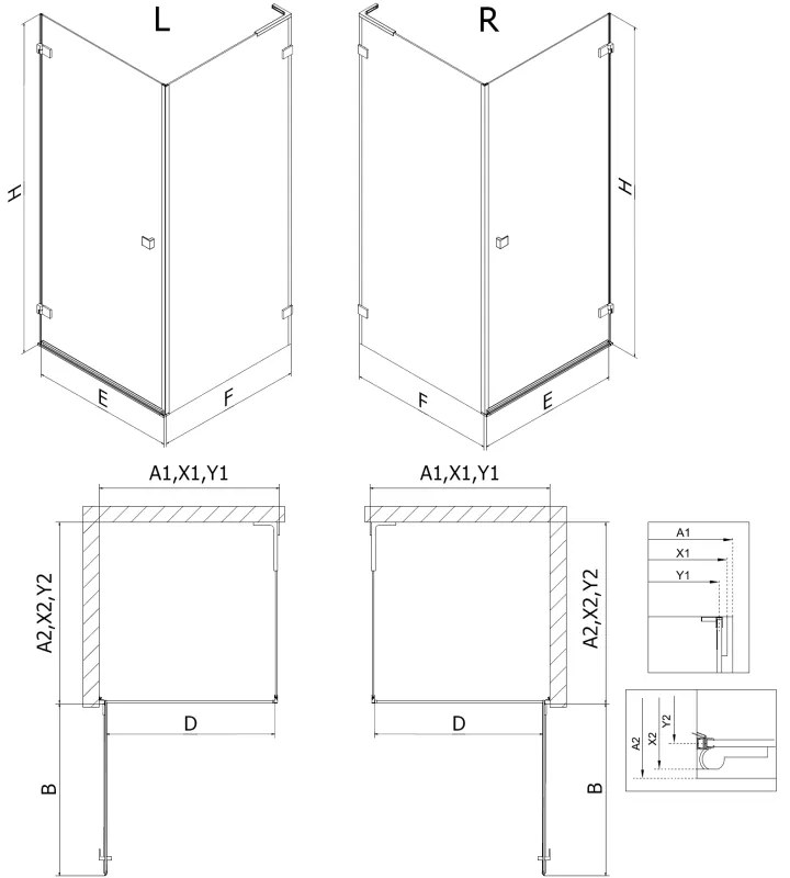 Mexen Lunar-B L výklopný sprchový kút pravý 90 x 90 cm, číre sklo, čierna matná, 832L-090-090-70-00-P