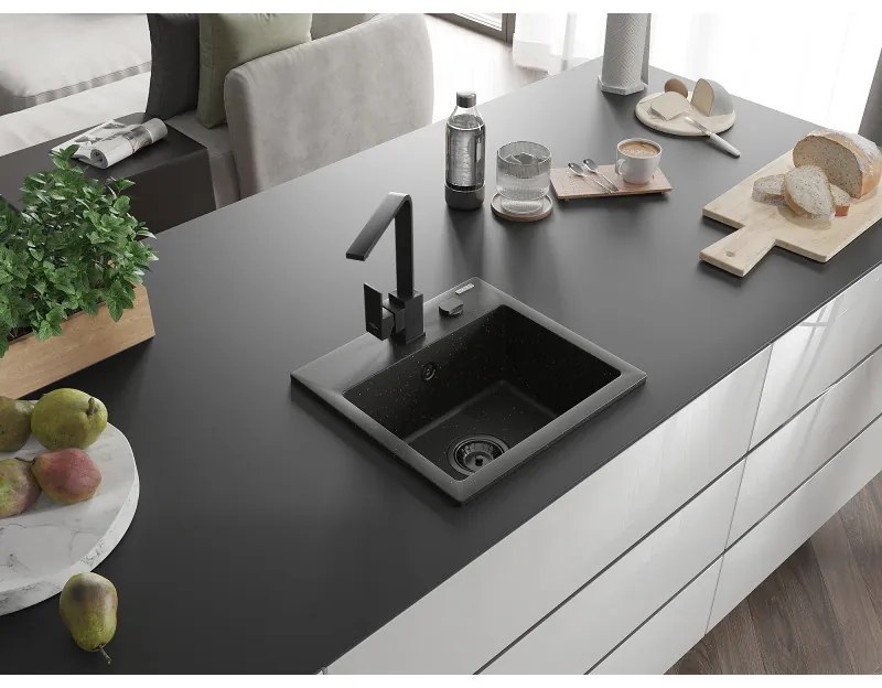 Mexen Milo, 1-komorový granitový drez 435x410x171 mm a čierna batéria Rita, čierna-zlatá metalíza, 6505-75-670300-70-B