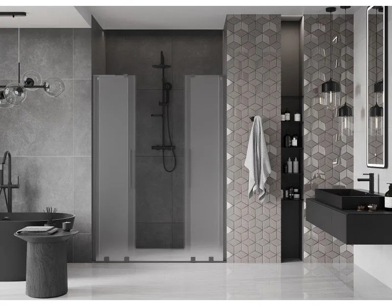 Mexen Velar L Duo, posuvné sprchové dvere do otvoru 160 cm, 8mm sklo námraza, brúsený grafit, 871-160-003-32-95