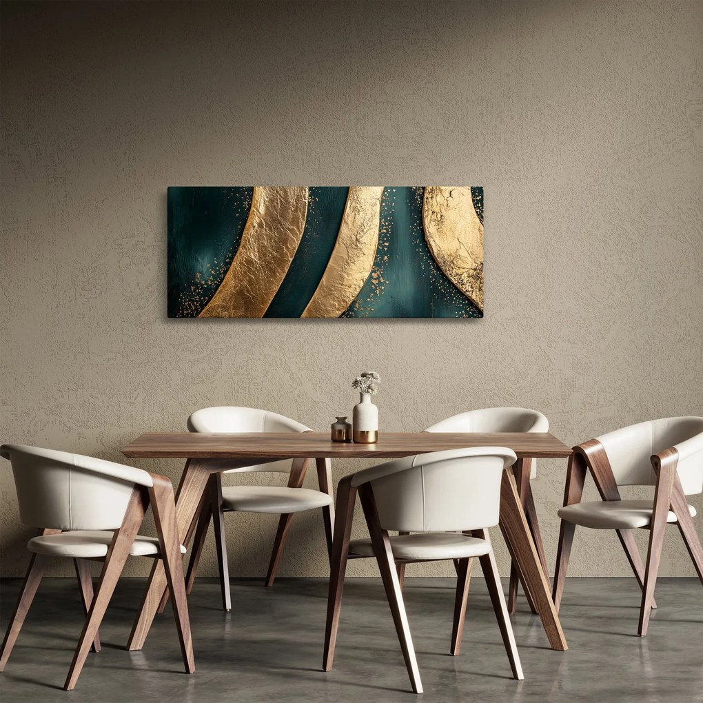 Obraz - Zelená abstrakcia so zlatom I. (120x50 cm)