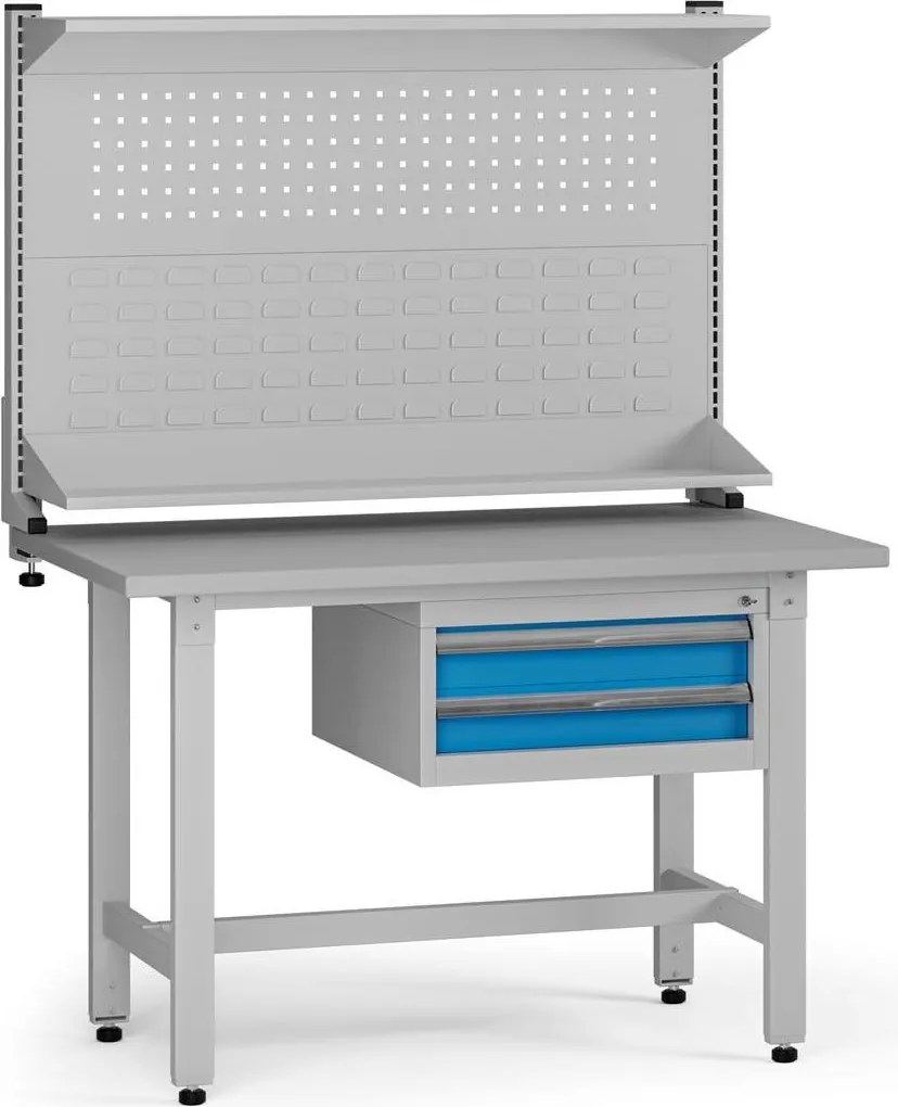 Výškovo nastaviteľný dielenský stôl G5 s nadstavbou, 1200 x 750 x 800-1000 mm, 1x kontajner, 2 zásuvky, modrá