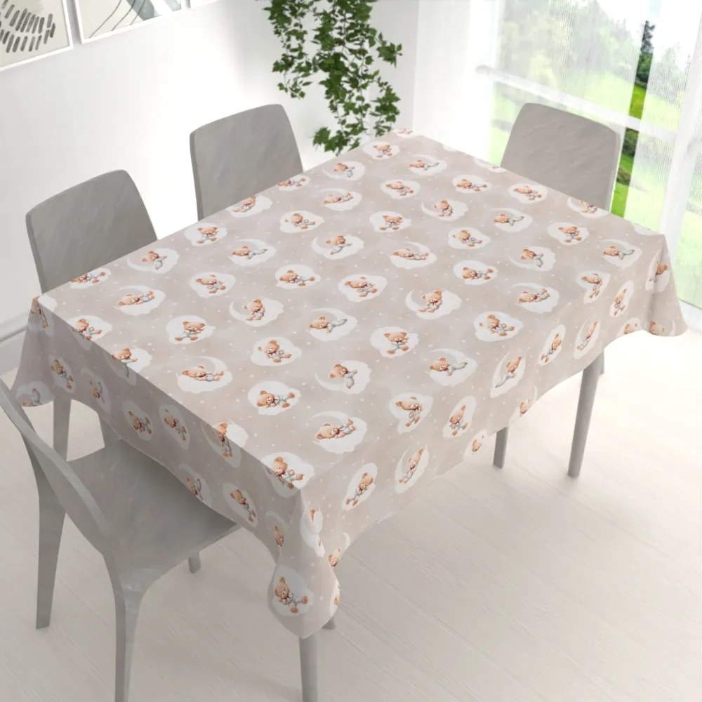 Biante Detský bavlnený obdĺžnikový obrus Sandra SA-744 Spiace medvedíky na obláčikoch na sivobéžovom 140x180 cm