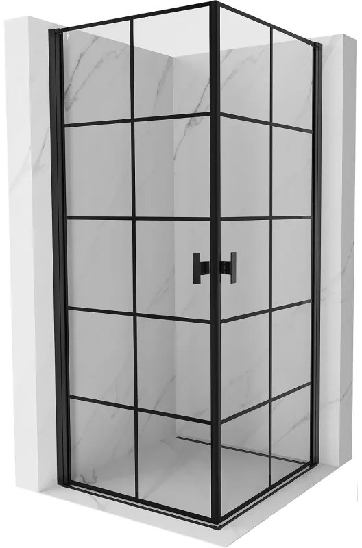 Mexen Mist-B Duo, 2-krídlový výklopný sprchový kút 80 x 80 cm, číre sklo-čierna mriežka, 8A2-080L-080P-70-77
