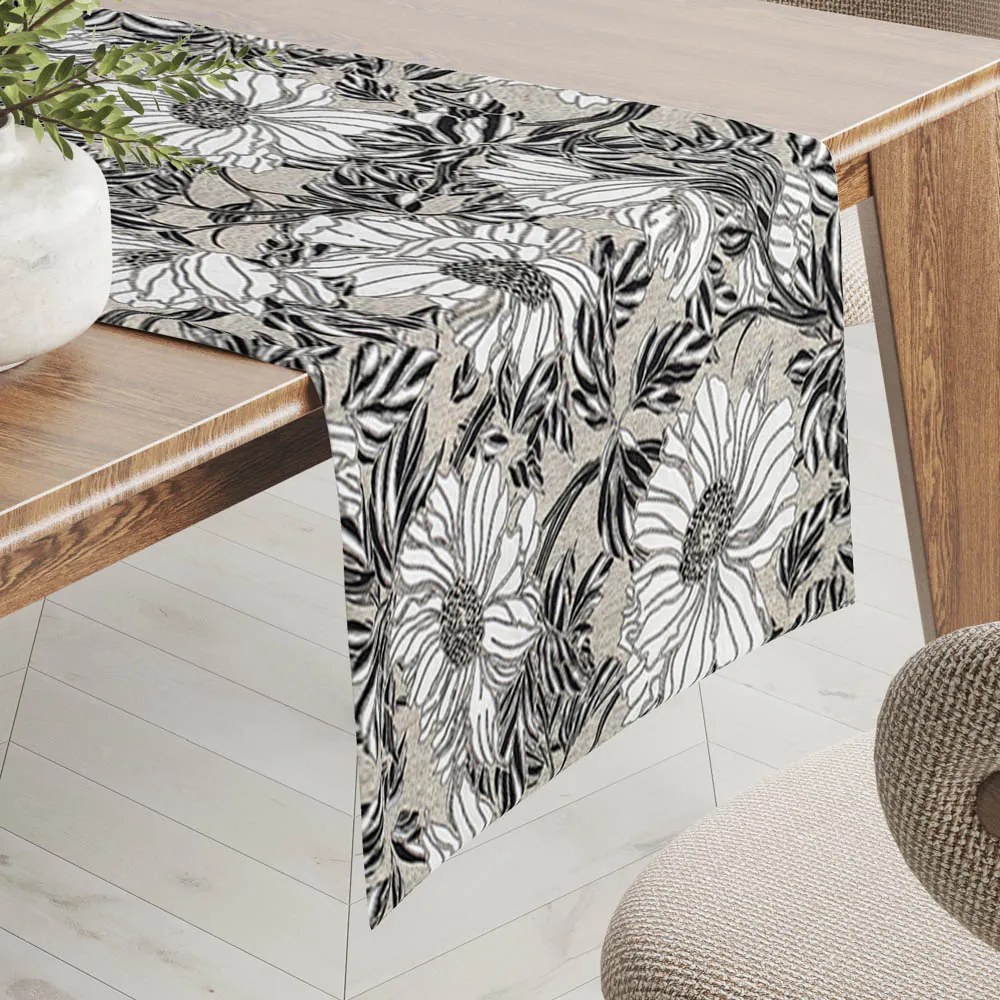 Biante Dekoračný behúň na stôl Leona LN-112 Biele kvety na režnom 35x140 cm